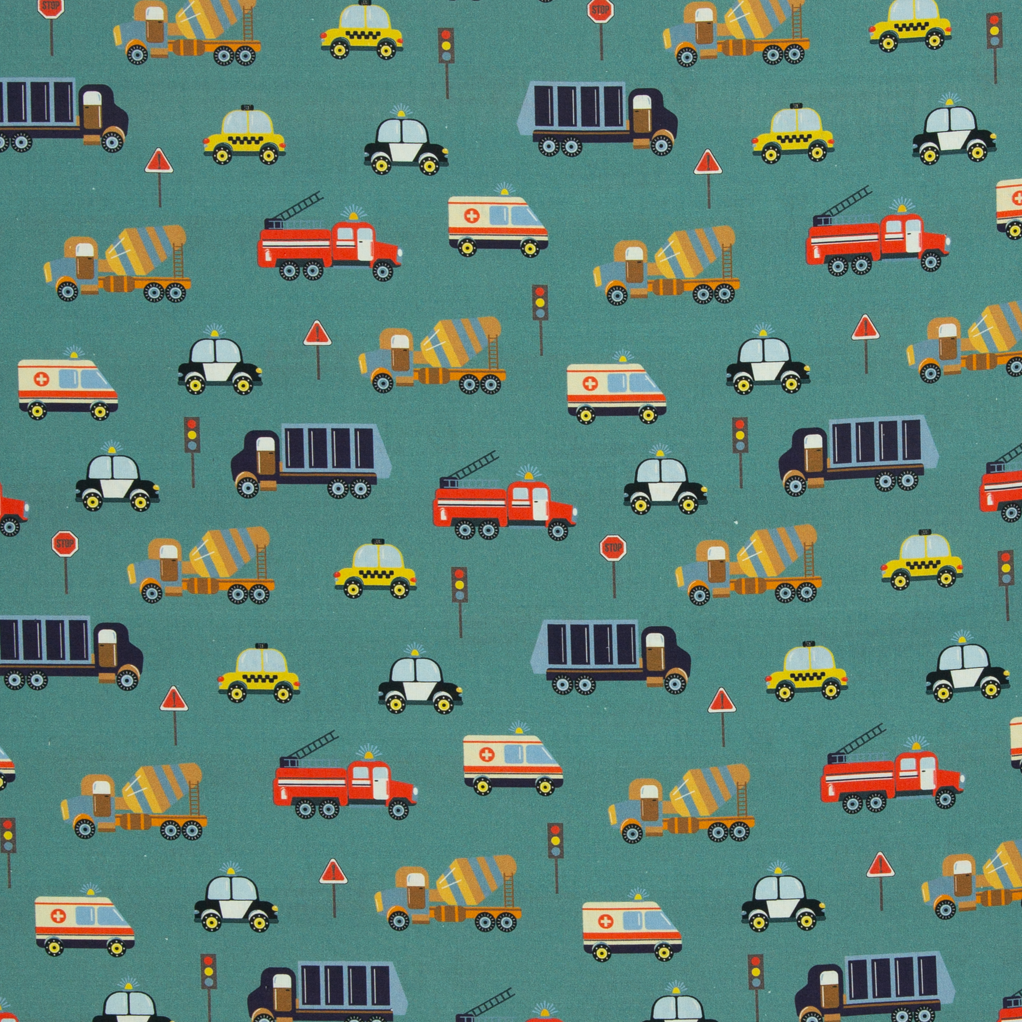 Bill – Baumwoll-Webware mit Fahrzeug-Motiv in Smaragd (825265), 40 cm-Ausschnitt
