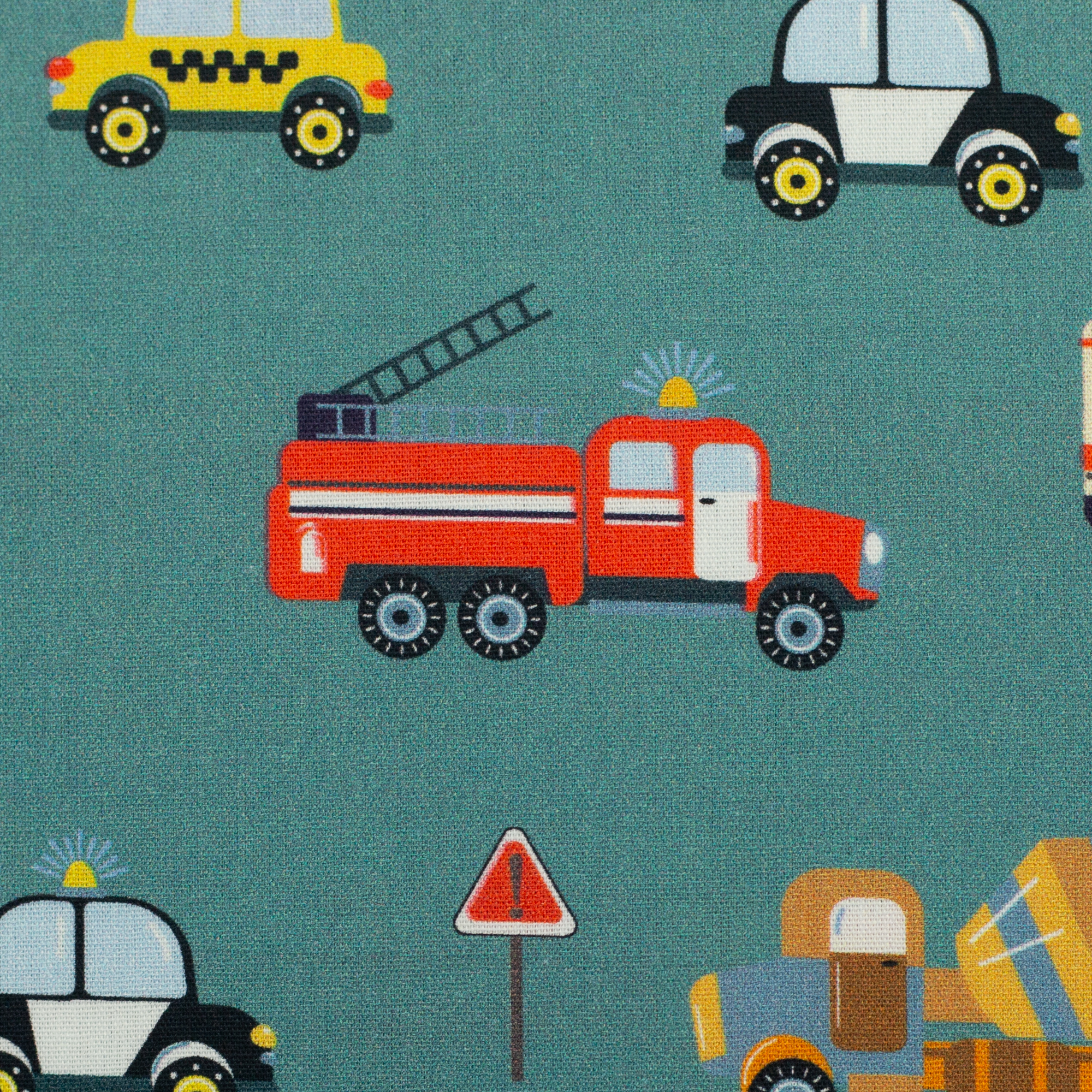 Bill, Woven Cotton Bill – Detailansicht: Baumwoll-Webware mit Fahrzeug-Motiv in Smaragd (825265), 10 cm-Ausschnitt