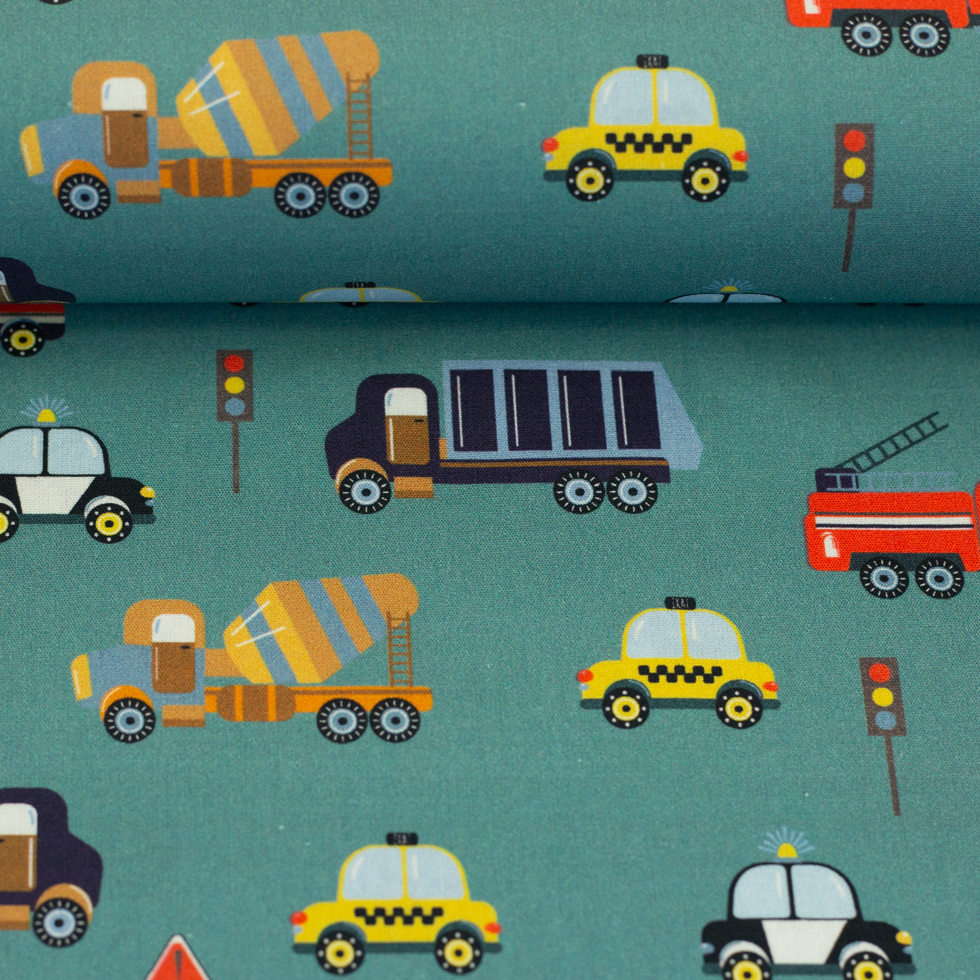 Bill, Woven Cotton Bill – Baumwoll-Webware mit Fahrzeug-Motiv in Smaragd (825265), Stoffballen, Meterware für B2B-Kunden