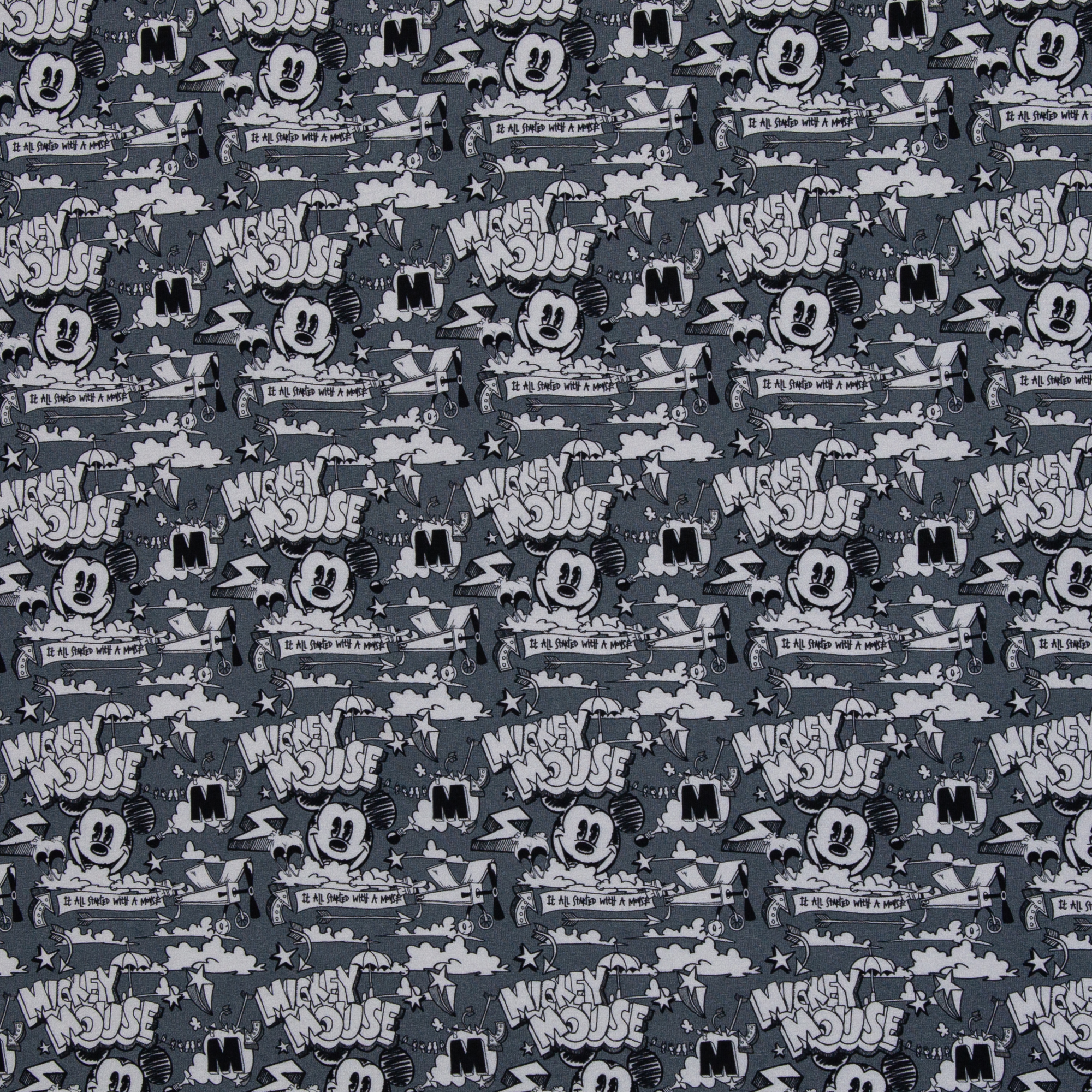Disney Micky Maus – Baumwolljersey mit Micky-Maus-Motiv im Comic-Design auf grauem Hintergrund, 40 cm-Ausschnitt