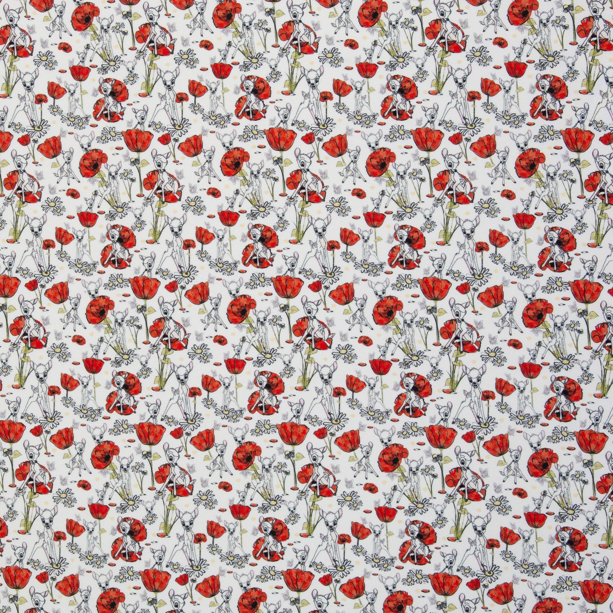 Disney Bambi – Baumwolljersey mit Bambi- und Blumenmotiv auf weißem Hintergrund, 40 cm-Ausschnitt