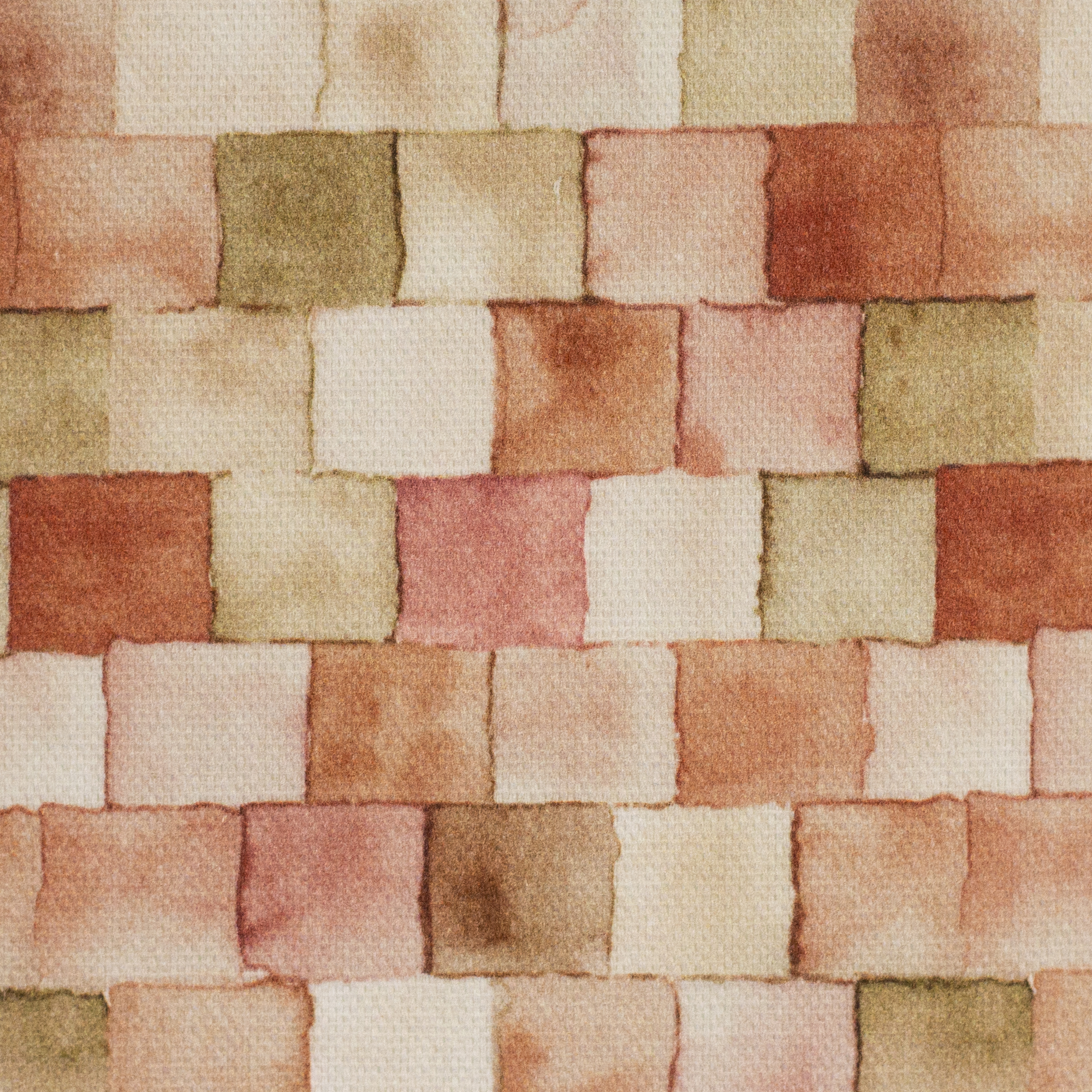 Laura Dekostoff Detailansicht: Aquarell-Patchwork-Muster mit Quadraten in Terrakotta, Rosé, Creme und Olivgrün